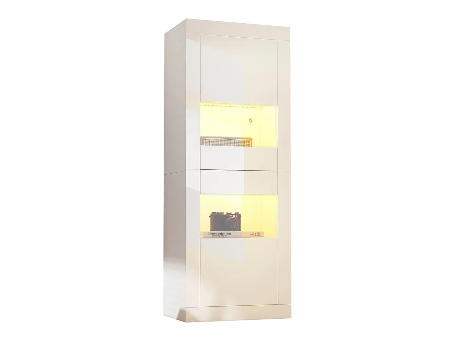 Vitrina de alto brillo con LED, 1 estante de cristal, tablero de partículas, blanco (61x42x162 cm)