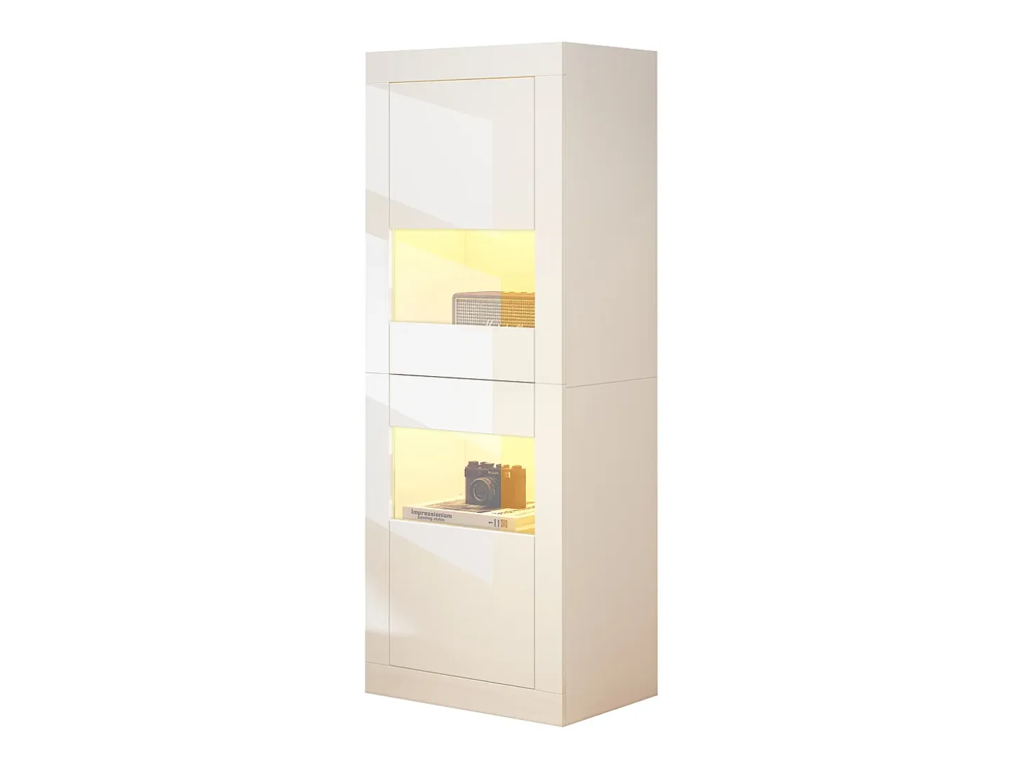 Vitrina de alto brillo con LED, 1 estante de cristal, tablero de partículas, blanco (61x42x162 cm)