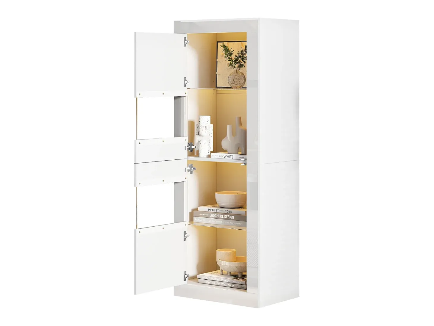 Vitrina de alto brillo con LED, 1 estante de cristal, tablero de partículas, blanco (61x42x162 cm)