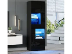 Vitrina de alto brillo 55x38x170 cm - 1 cajón y 4 puertas - con iluminación LED - Negro