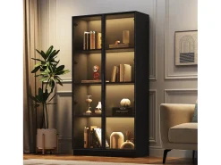 Vitrina de cristal - 80 x 40 x 160 cm - con LED + 2 puertas con estantes móviles - aglomerado - negro