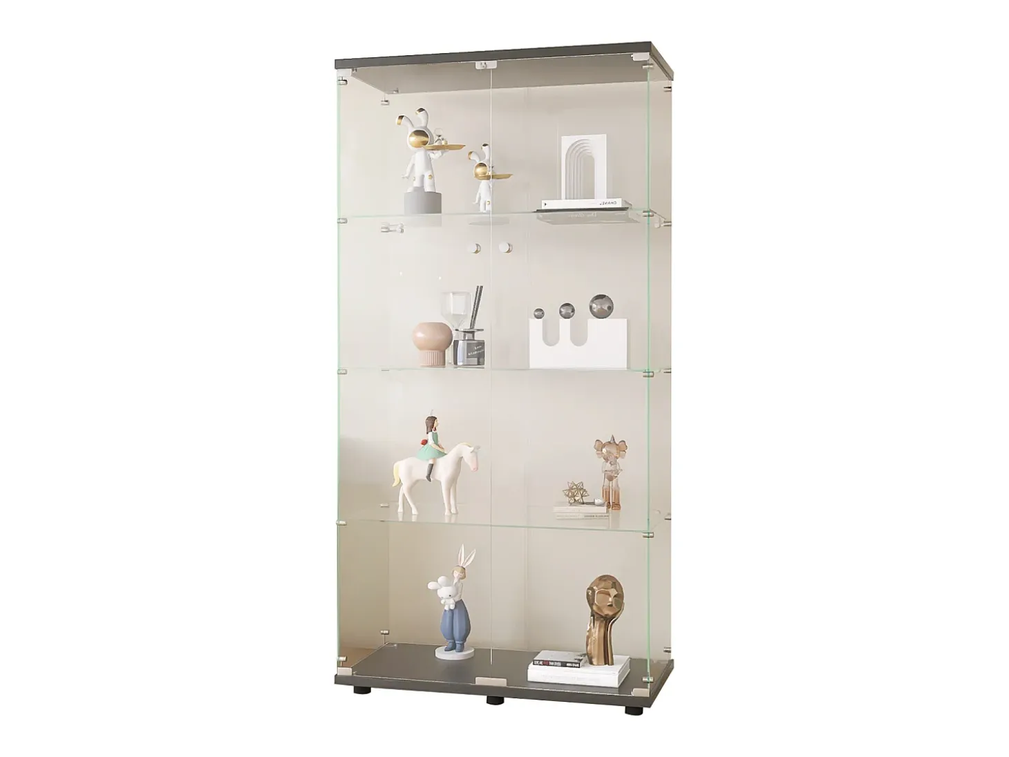 Vitrina de cristal 4 estantes, 81x37x165cm, estante de cristal con 2 puertas, vitrina sobre soporte, color negro