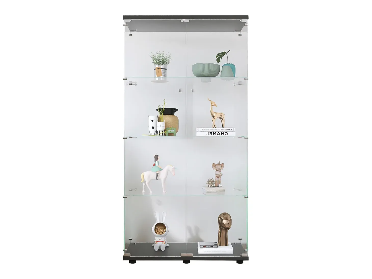 Vitrina de cristal 4 estantes, 81x37x165cm, estante de cristal con 2 puertas, vitrina sobre soporte, color negro