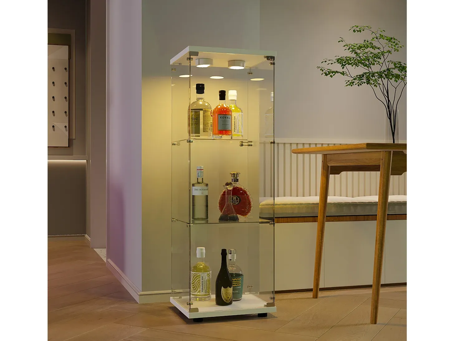Vitrina de cristal 42×36×125cm GARHELPER - 3 estantes - 1 puerta - Cristal templado - Luz LED - Negro