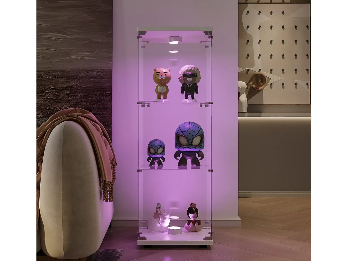 Vitrina de cristal 42×36×125cm GARHELPER - 3 estantes - 1 puerta - Cristal templado - Luz LED - Negro