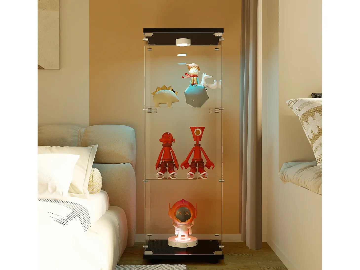 Vitrina de cristal 42×36×125cm GARHELPER - 3 estantes - 1 puerta - Cristal templado - Luz LED - Blanco