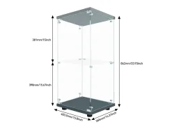 Vitrina de cristal con 2 estantes, vitrina de cristal con luces LED y puertas, 86x40x36 cm, color negro