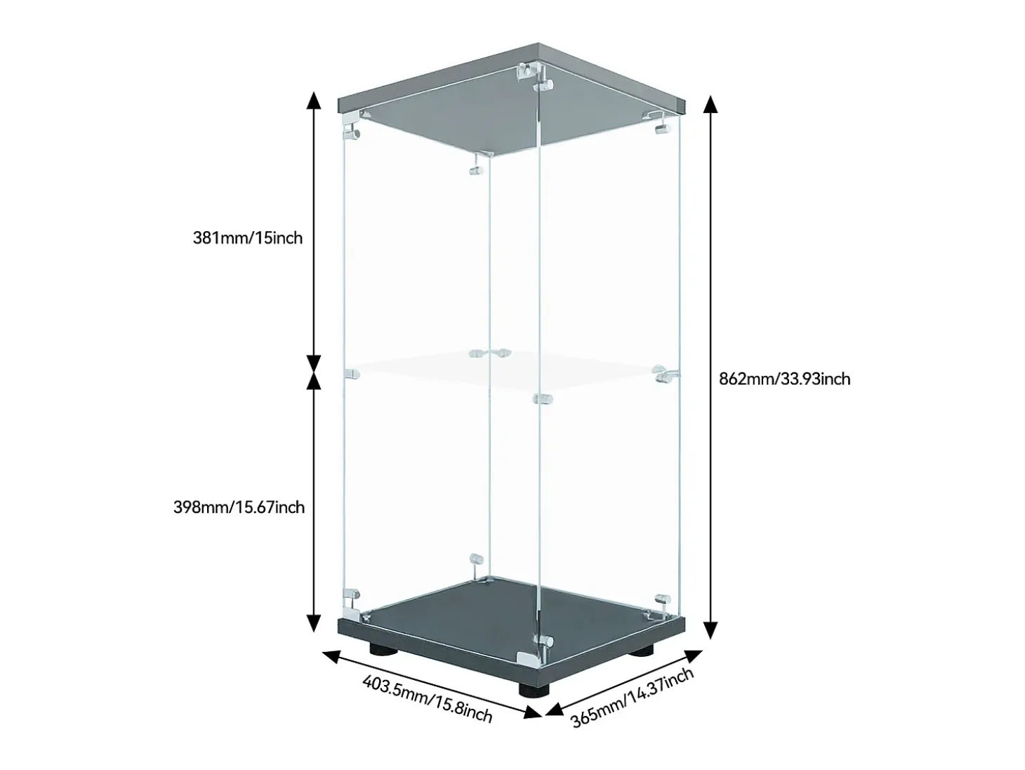 Vitrina de cristal con 2 estantes, vitrina de cristal con luces LED y puertas, 86x40x36 cm, color negro