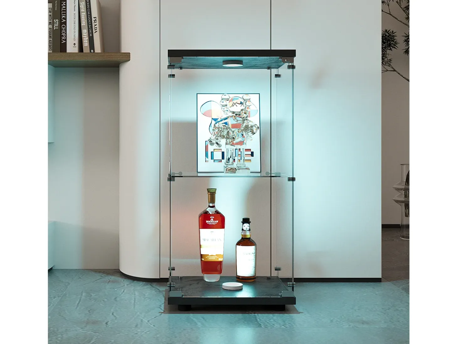 Vitrina de cristal con 2 estantes, vitrina de cristal con luces LED y puertas, 86x40x36 cm, color negro