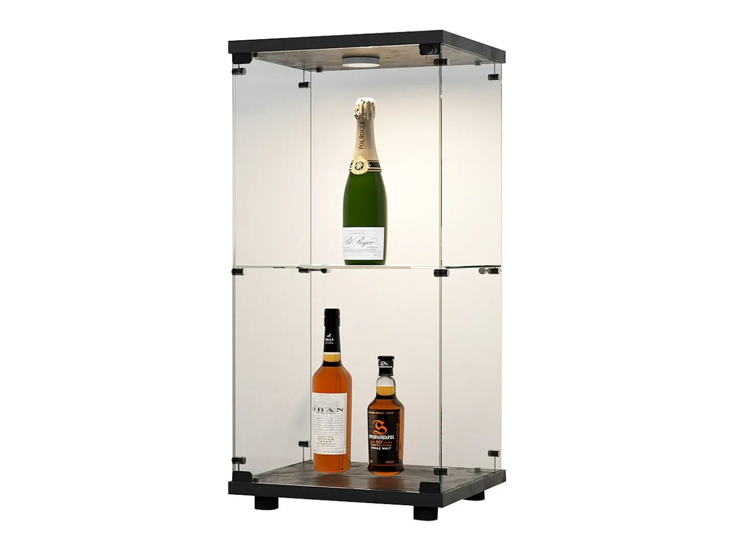 Vitrina de cristal con 2 estantes, vitrina de cristal con luces LED y puertas, 86x40x36 cm, color negro
