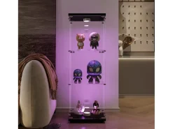 Vitrina de cristal con 3 estantes, luz LED y cerradura, color negro
