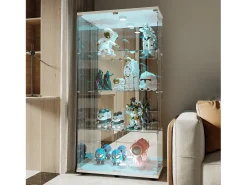 Vitrina de cristal con 4 estantes, vitrina de 2 puertas con luz y cerradura, color blanco