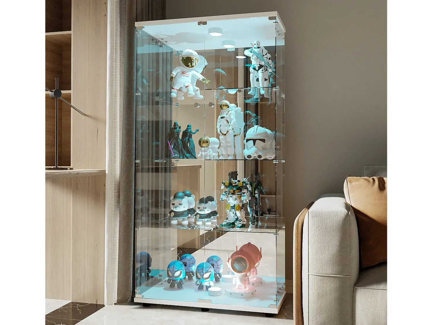 Vitrina de cristal con 4 estantes, vitrina de 2 puertas con luz y cerradura, color blanco