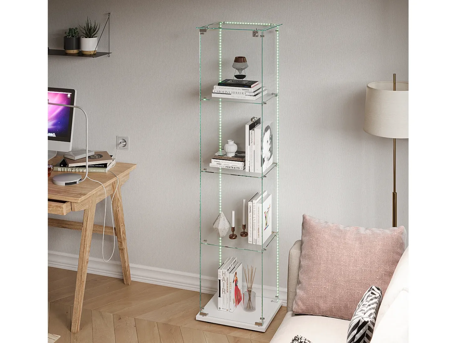 Vitrina de cristal con 4 estantes e iluminación LED - 163 x 39 x 35 cm - Vitrina estrecha - blanco