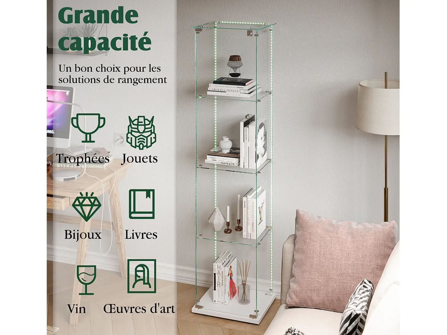 Vitrina de cristal con 4 estantes e iluminación LED - 163 x 39 x 35 cm - Vitrina estrecha - blanco