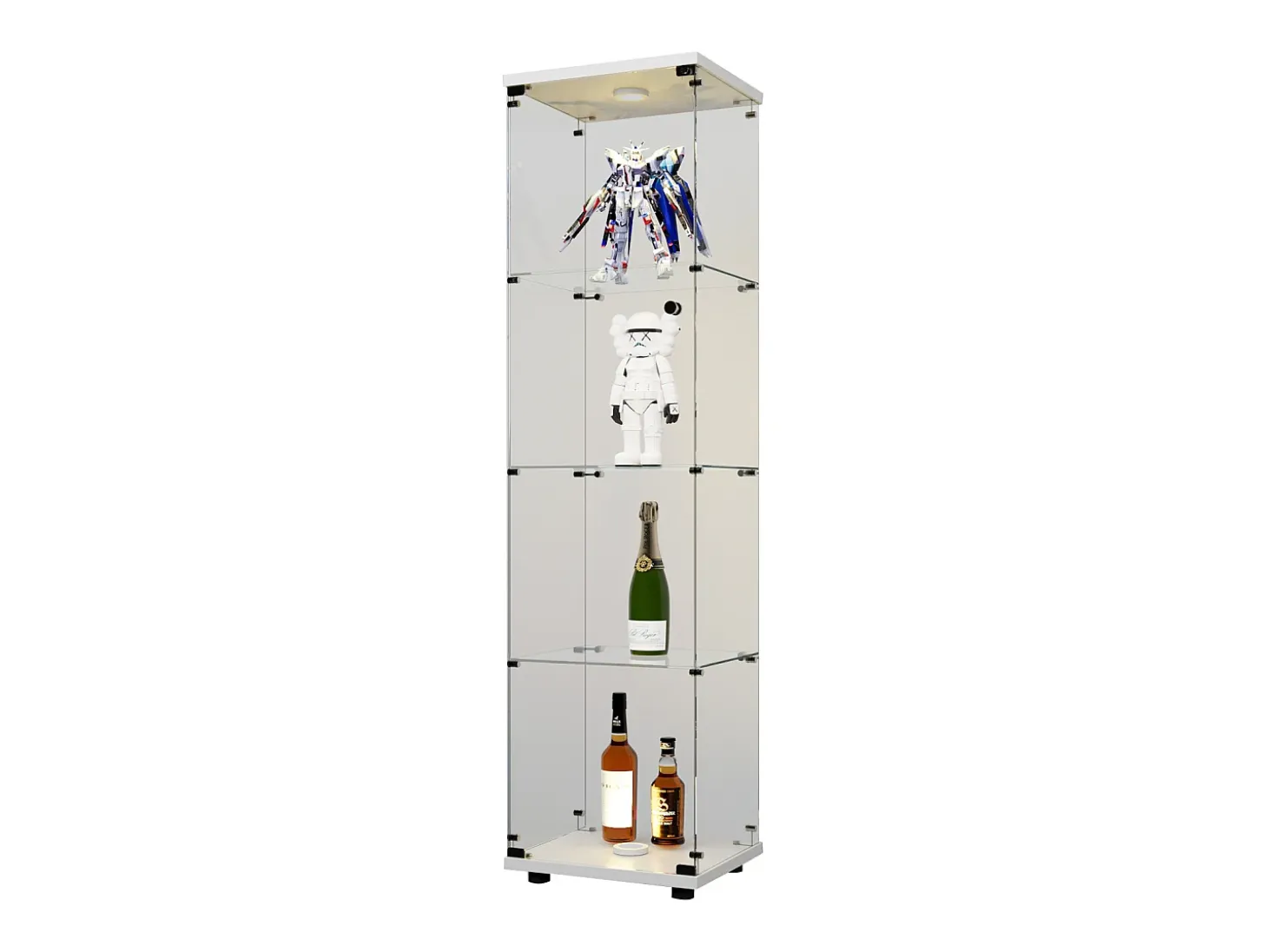 Vitrina de cristal con 4 estantes, LED, 1 puerta, 164x42x36 cm, armario de colección, blanco, transparente