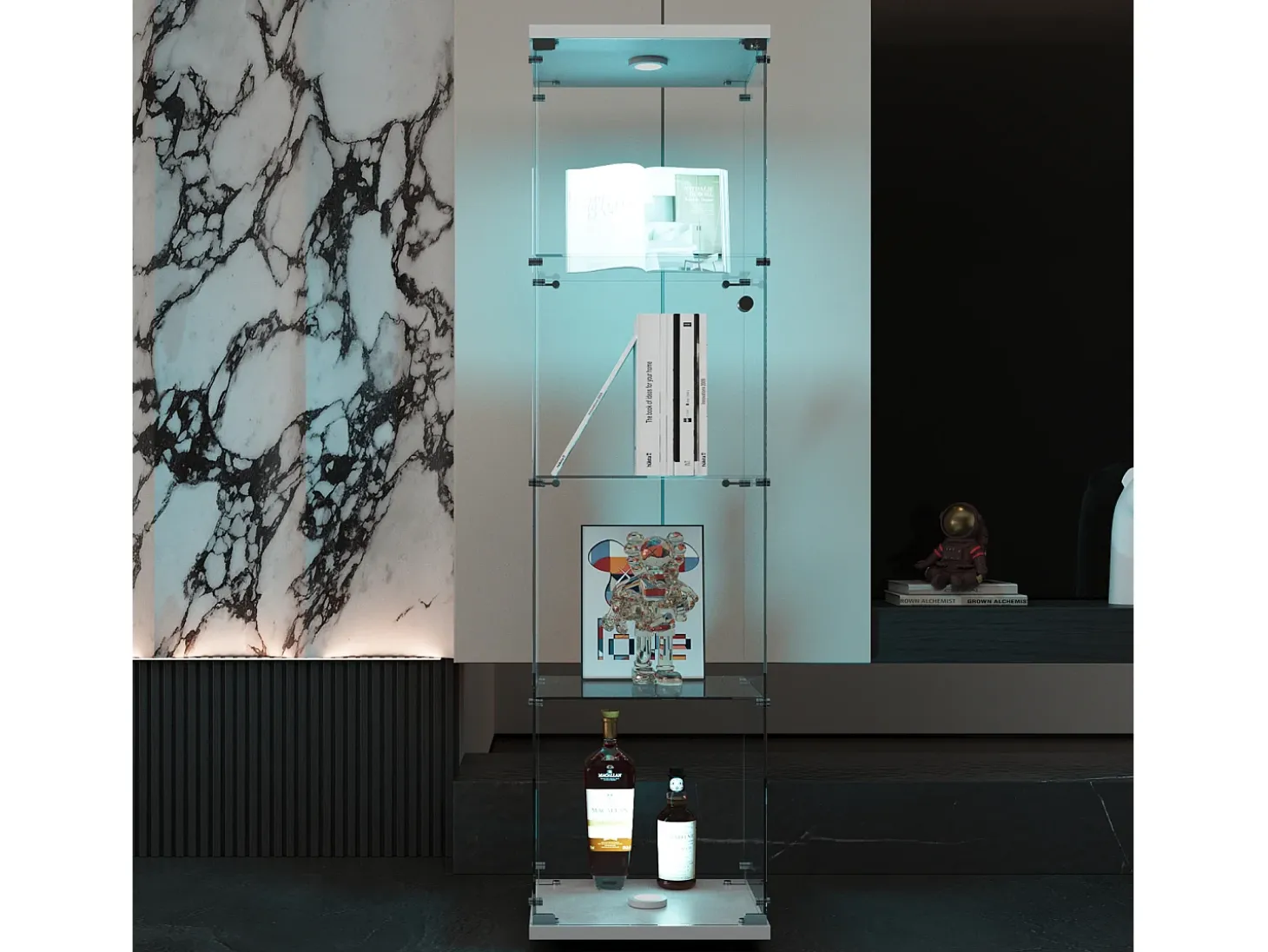 Vitrina de cristal con 4 estantes, LED, 1 puerta, 164x42x36 cm, armario de colección, blanco, transparente