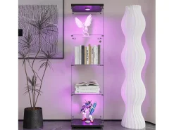 Vitrina de cristal con 4 estantes, LED, 1 puerta, 164x42x36 cm, armario de colección, negro, transparente
