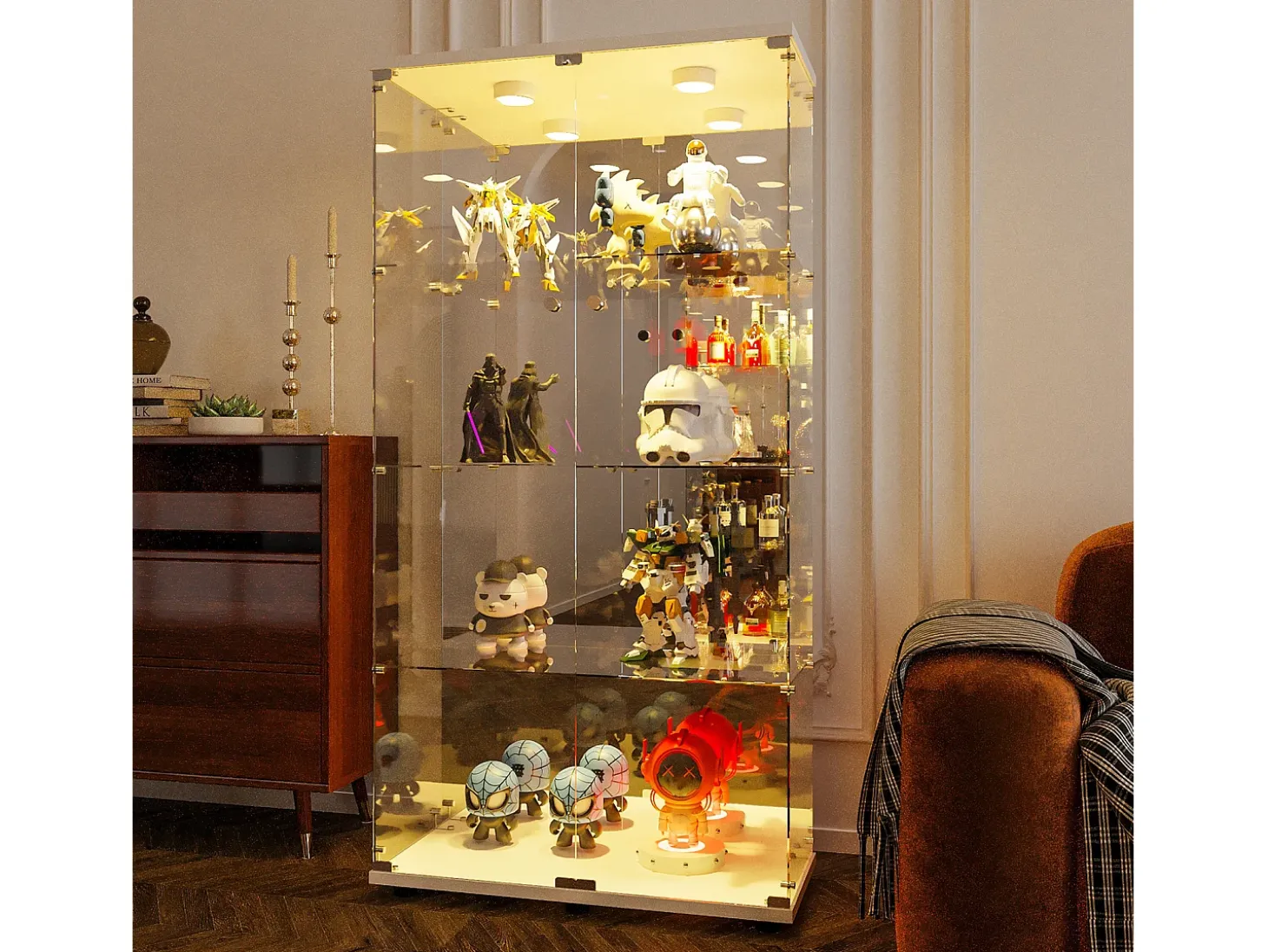 Vitrina de cristal con 4 estantes, 80,49 x 36,49 x 163,9 cm, con 2 puertas, con luz LED, color blanco