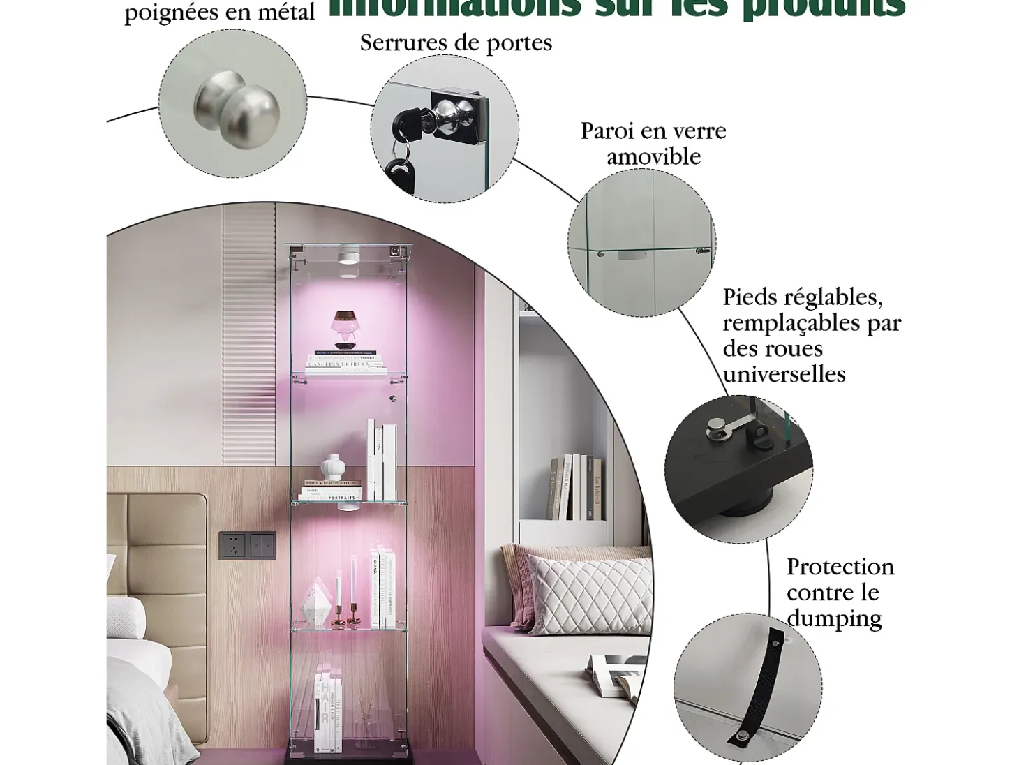 Vitrina de cristal con 5 estantes y puerta doble, vitrina para sala de estar