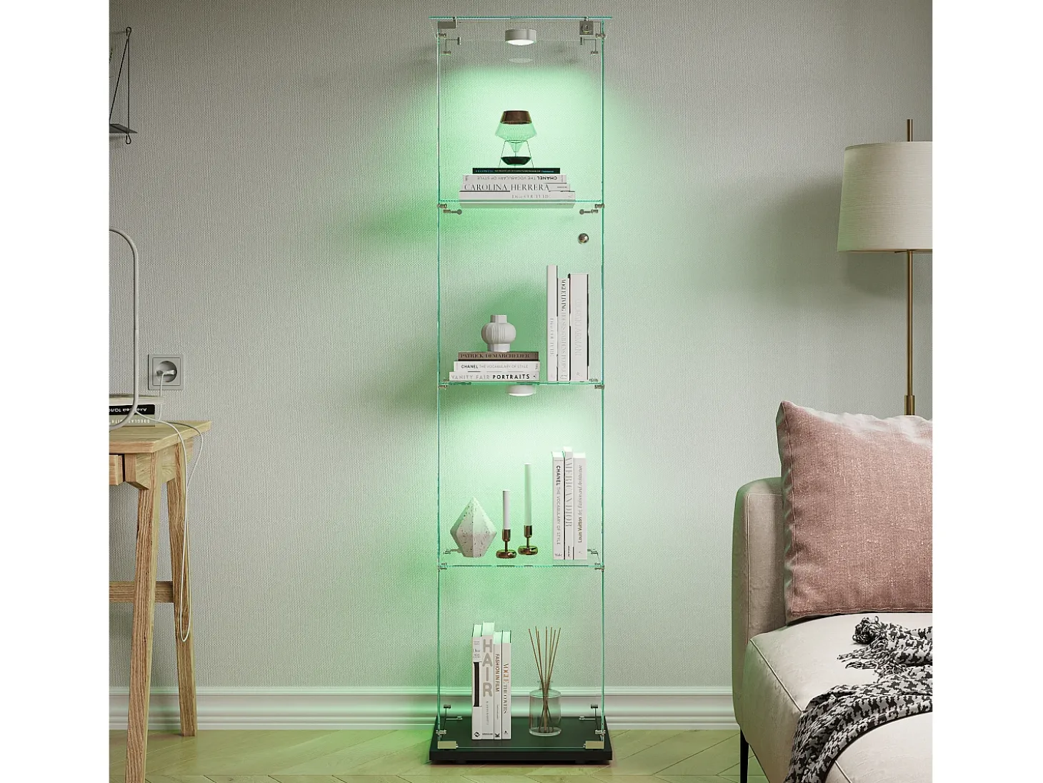 Vitrina de cristal con 5 estantes y puerta doble, vitrina para sala de estar