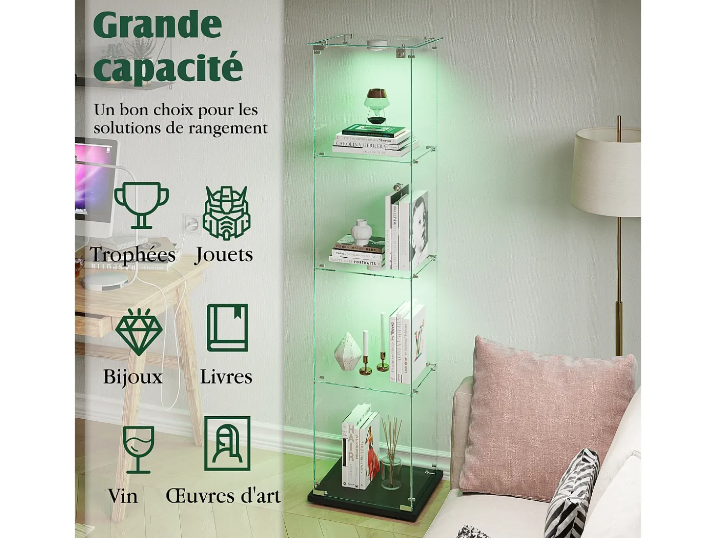 Vitrina de cristal con 5 estantes y puerta doble, vitrina para sala de estar