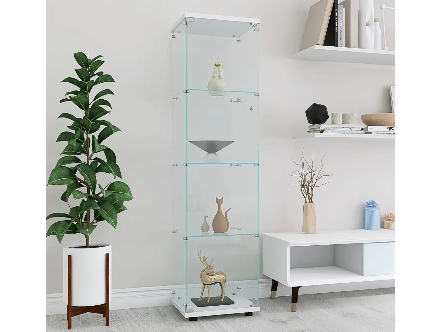 Vitrina de cristal con 4 estantes y puerta - Vitrina de cristal con cerradura - Color blanco