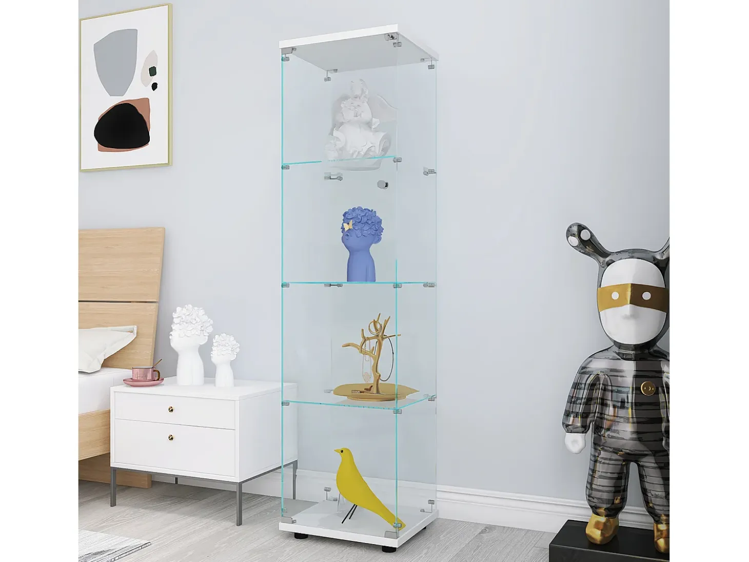 Vitrina de cristal con 4 estantes y puerta - Vitrina de cristal con cerradura - Color blanco