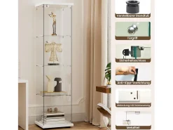 Vitrina de cristal con 4 estantes y 1 puerta, 164x42,5x36,5 cm, mueble de colección, blanco, transparente