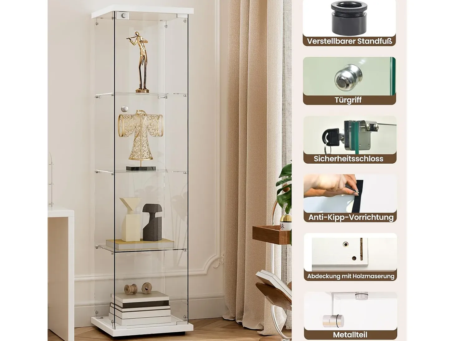 Vitrina de cristal con 4 estantes y 1 puerta, 164x42,5x36,5 cm, mueble de colección, blanco, transparente