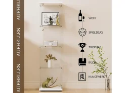 Vitrina de cristal con 4 estantes y 1 puerta, 164x42,5x36,5 cm, mueble de colección, blanco, transparente