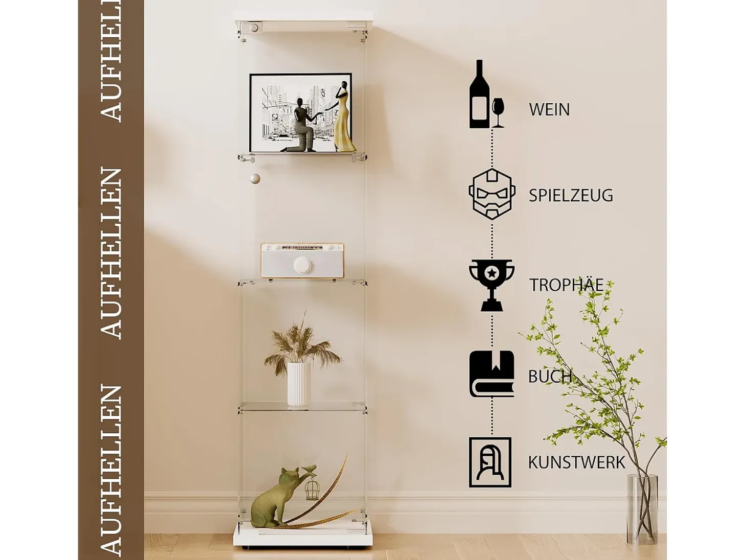 Vitrina de cristal con 4 estantes y 1 puerta, 164x42,5x36,5 cm, mueble de colección, blanco, transparente