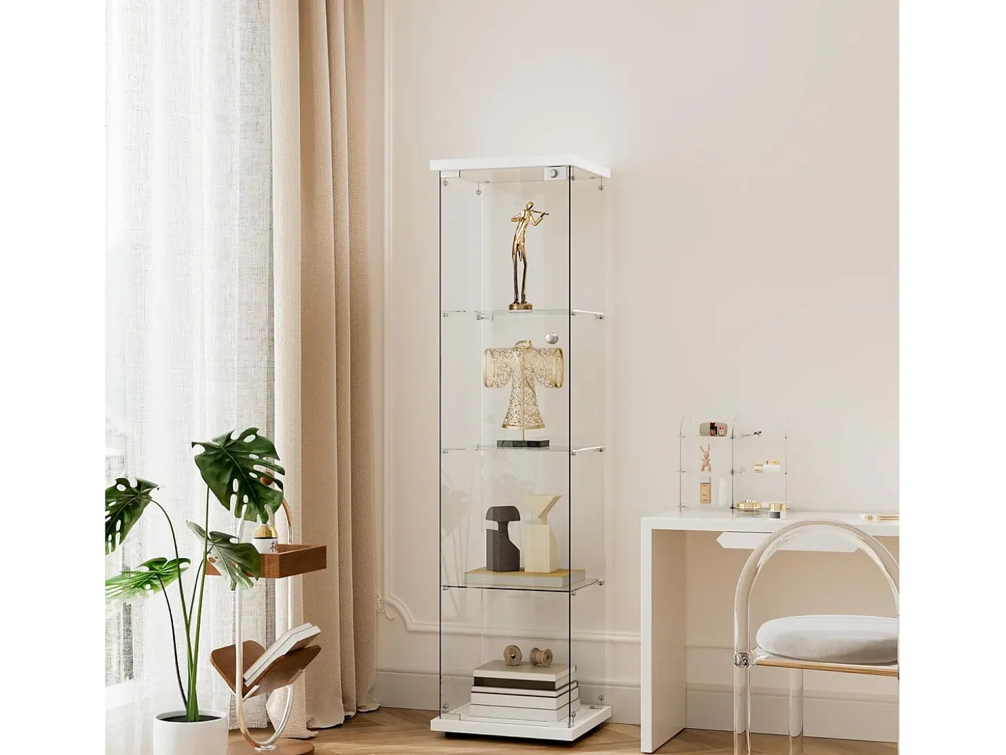 Vitrina de cristal con 4 estantes y 1 puerta, 164x42,5x36,5 cm, mueble de colección, blanco, transparente