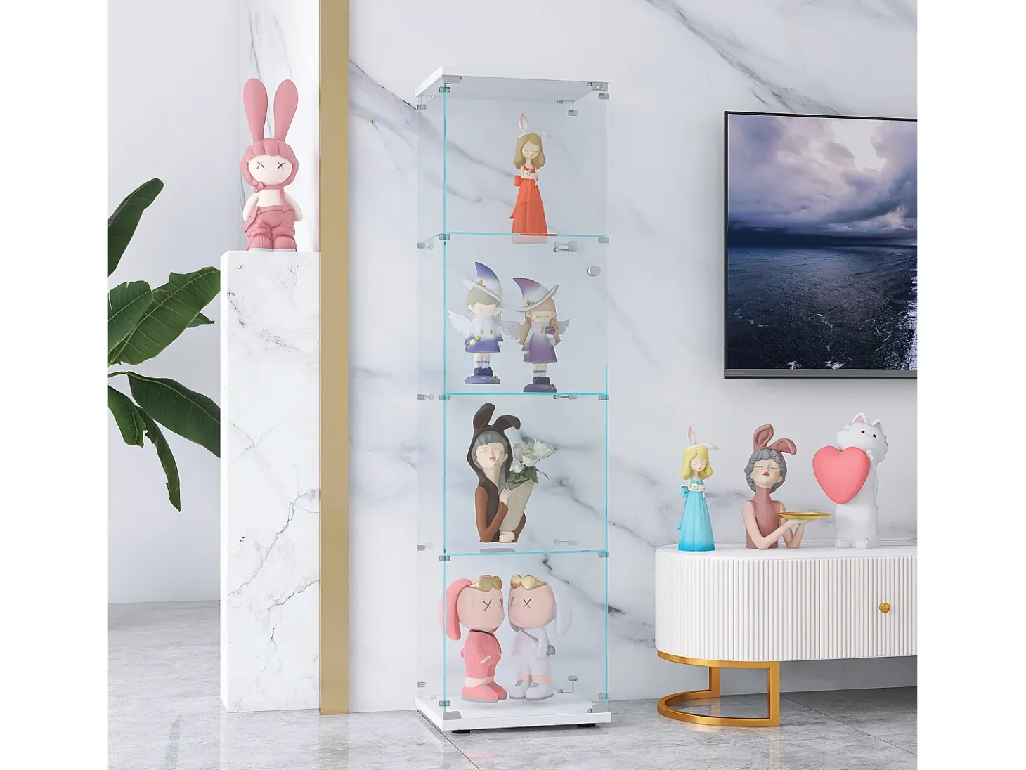 Vitrina de cristal con 4 estantes y 1 puerta, 164x42,5x36,5 cm, mueble de colección, blanco, transparente