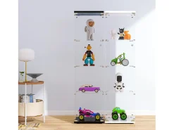 Vitrina de cristal con 4 estantes y 1 puerta, 164x42,5x36,5 cm, mueble de colección, blanco, transparente