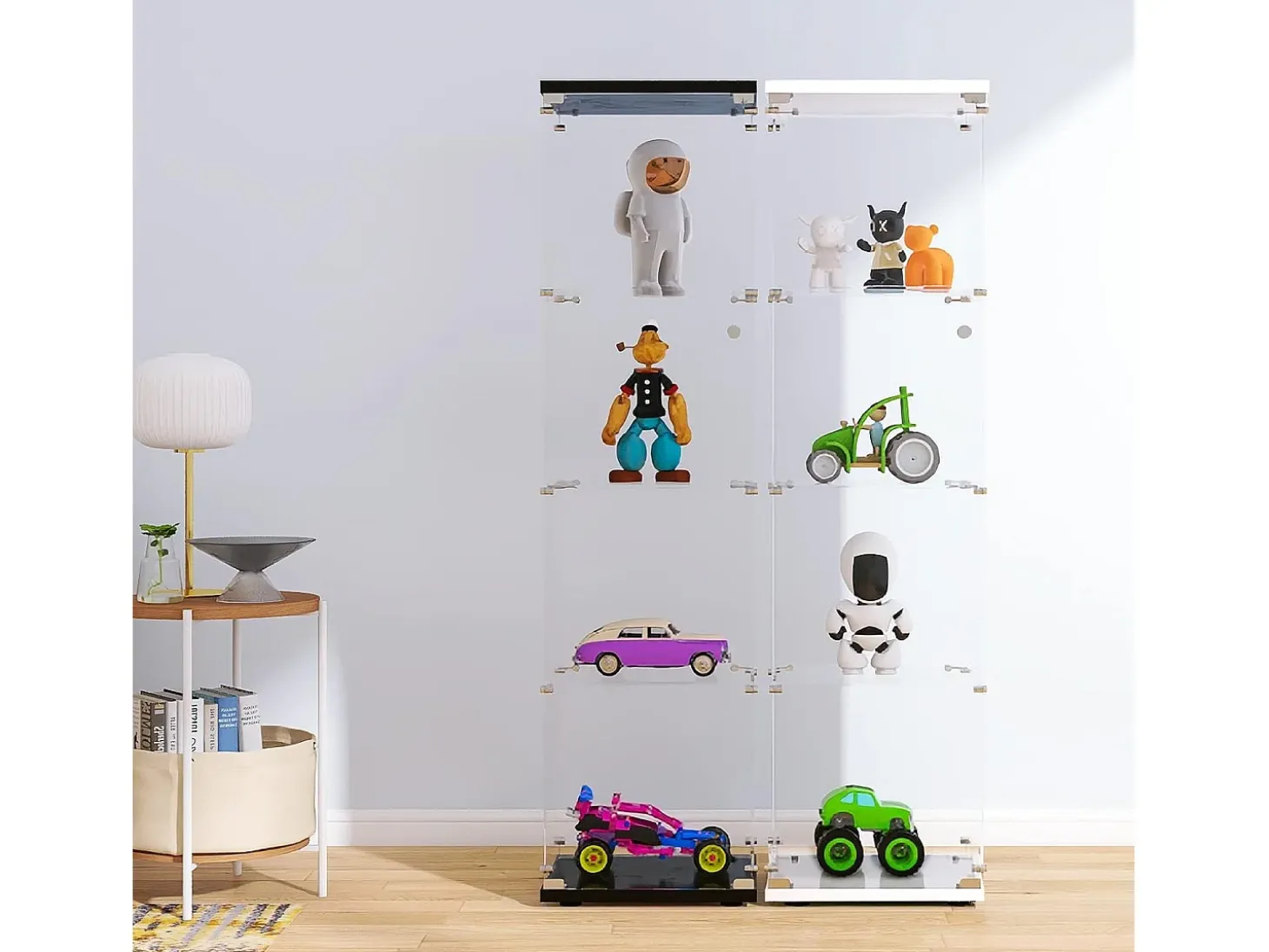 Vitrina de cristal con 4 estantes y 1 puerta, 164x42,5x36,5 cm, mueble de colección, blanco, transparente