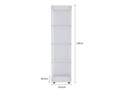 Vitrina de cristal con 4 estantes y 1 puerta, 164x42,5x36,5 cm, mueble de colección, blanco, transparente