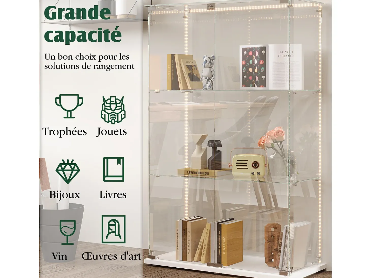 Vitrina de cristal con 4 estantes y puerta doble, vitrina para sala de estar
