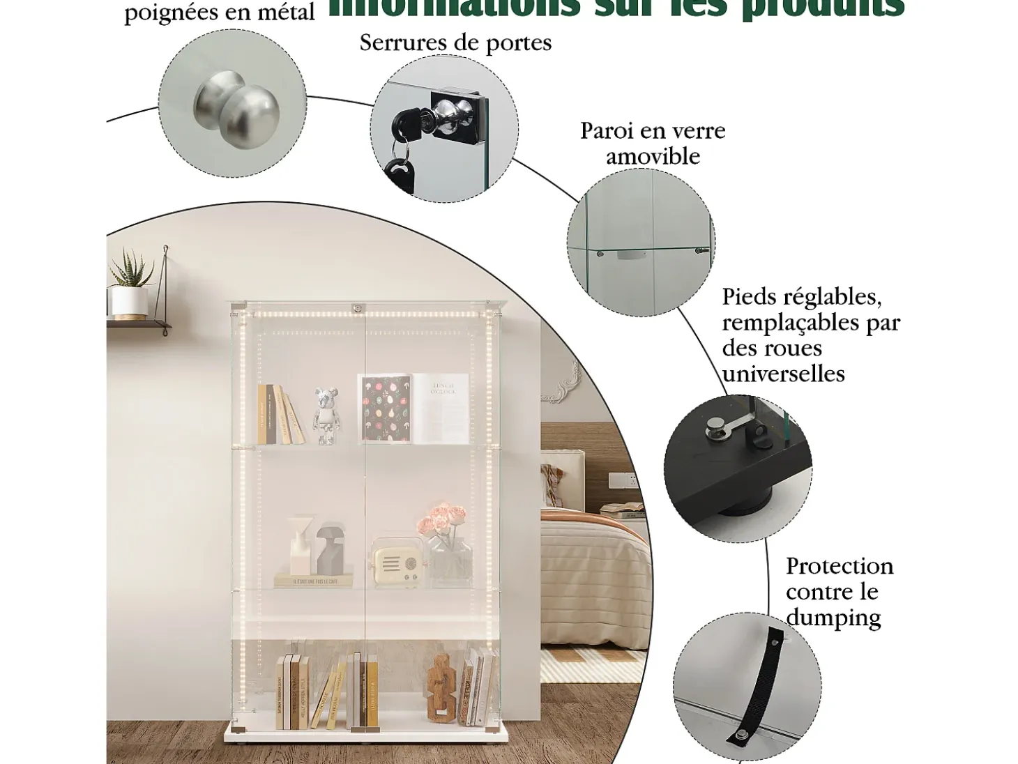 Vitrina de cristal con 4 estantes y puerta doble, vitrina para sala de estar