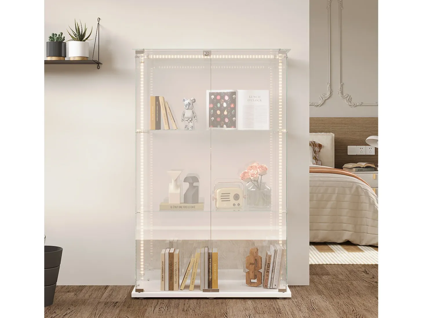 Vitrina de cristal con 4 estantes y puerta doble, vitrina para sala de estar