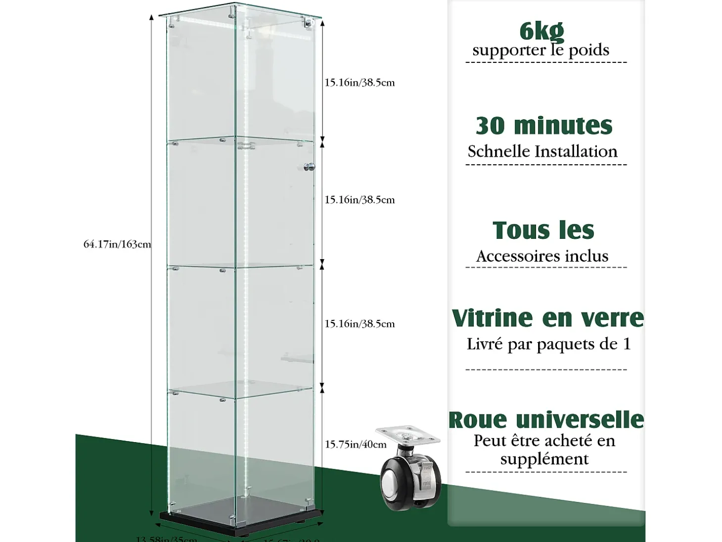 Vitrina de cristal con 4 estantes e iluminación LED - 163 x 39 x 35 cm - Vitrina estrecha - negra