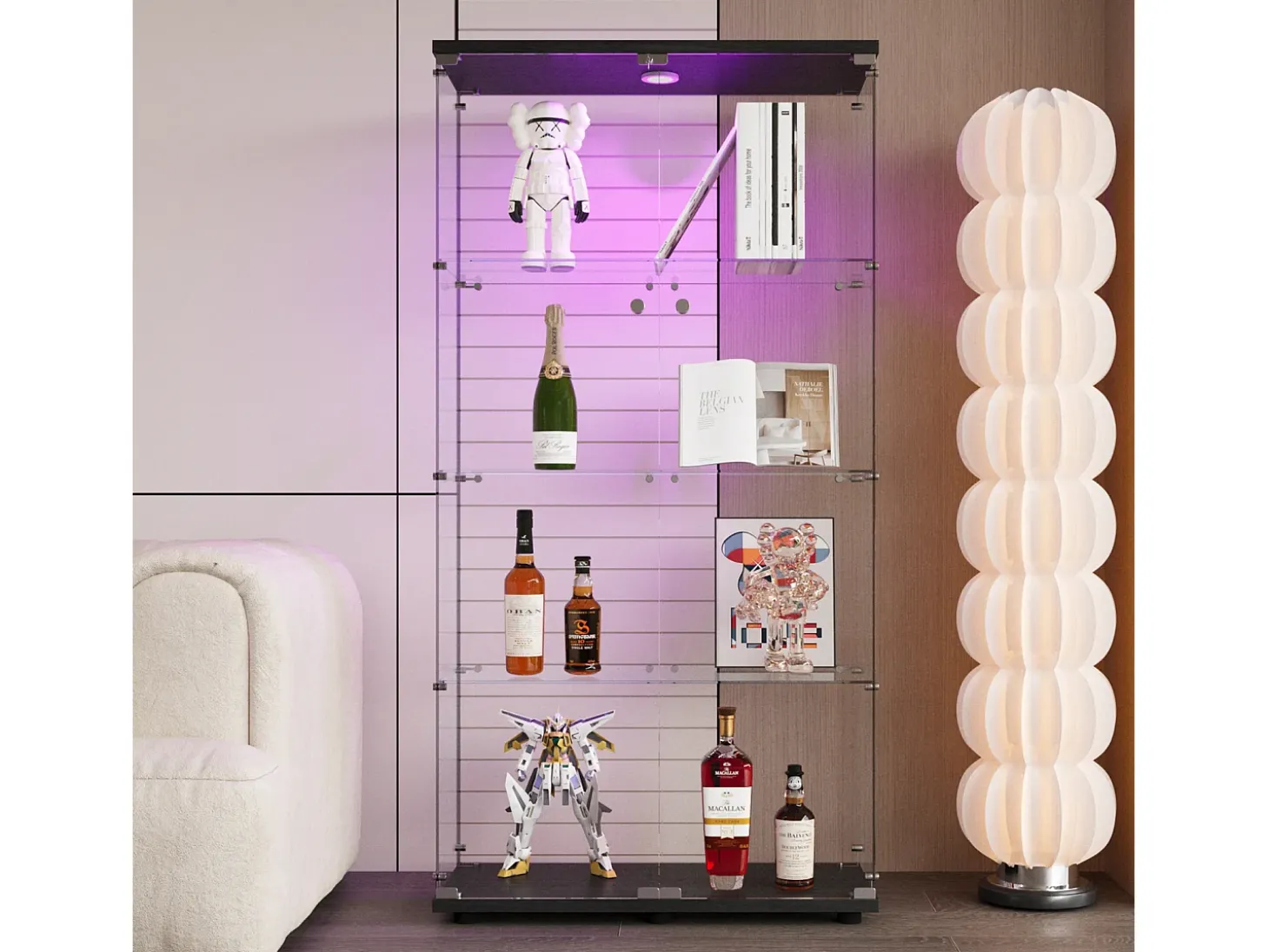 Vitrina de cristal con 4 estantes, 80,49 x 36,49 x 163,9 cm, con 2 puertas, con luz LED, color negro