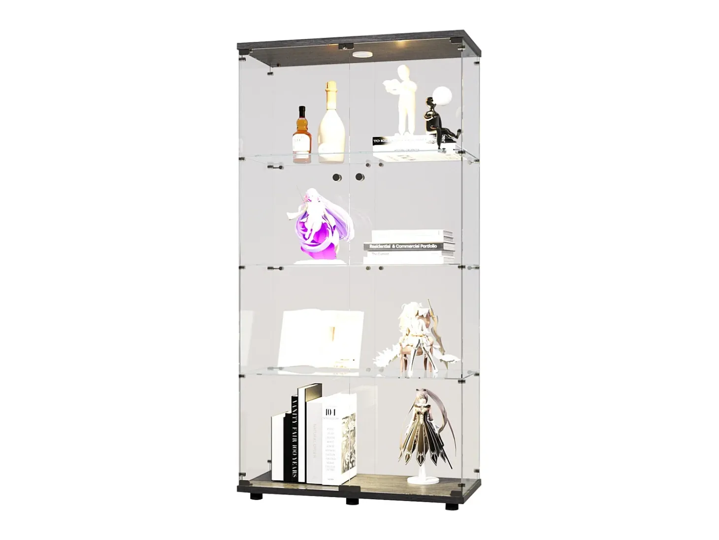 Vitrina de cristal con 4 estantes, 80,49 x 36,49 x 163,9 cm, con 2 puertas, con luz LED, color negro