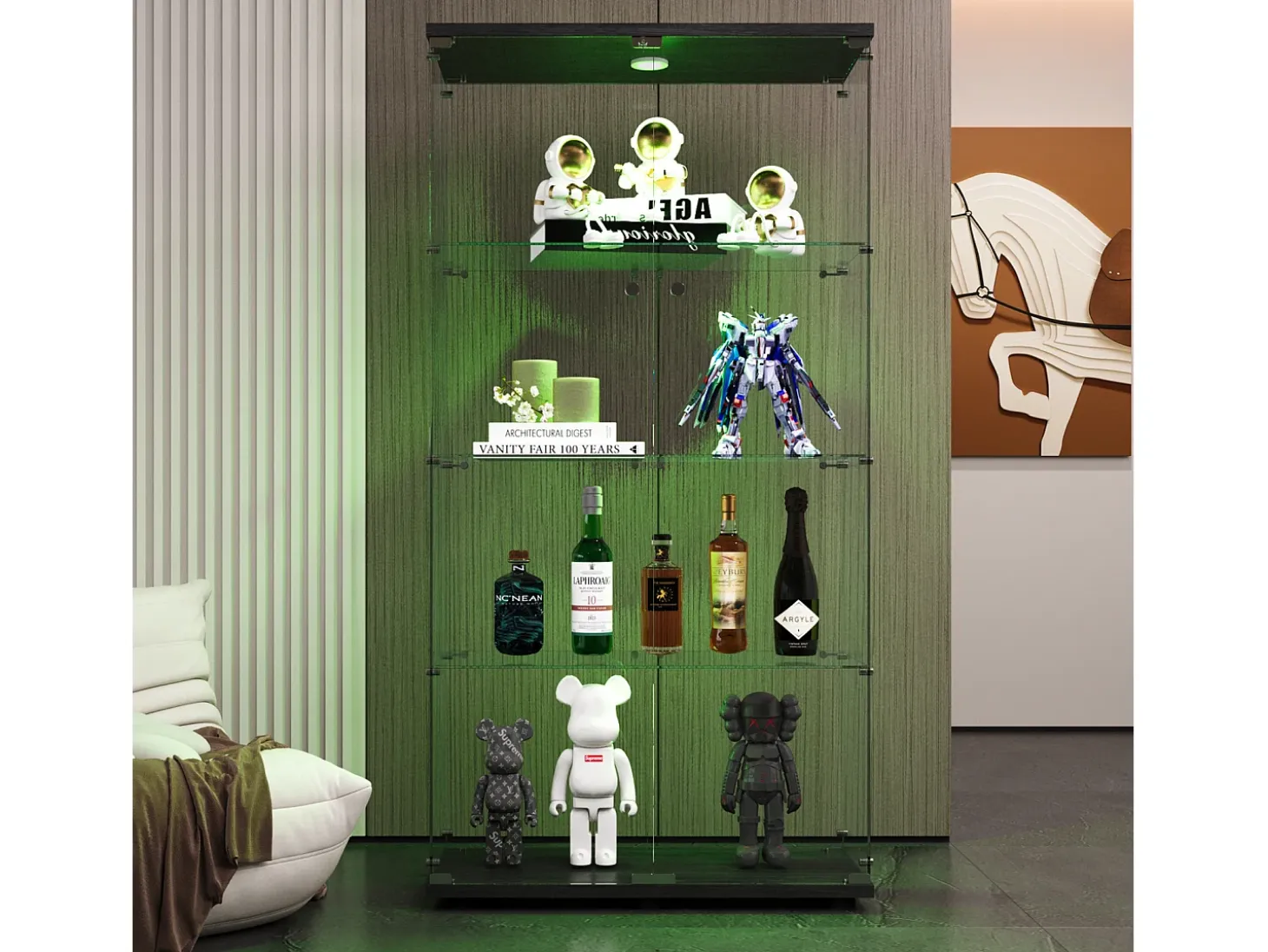 Vitrina de cristal con 4 estantes, 80,49 x 36,49 x 163,9 cm, con 2 puertas, con luz LED, color negro