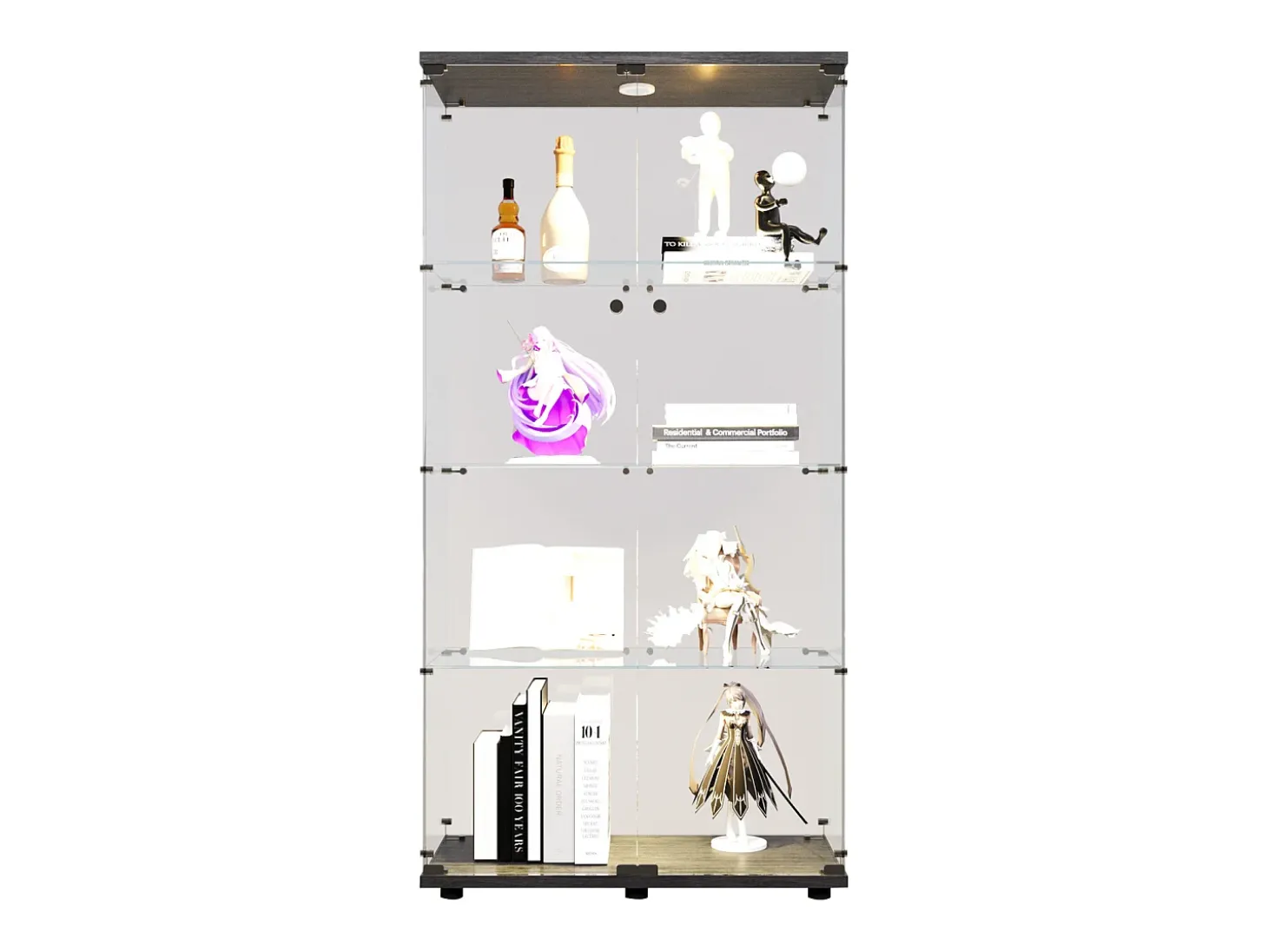 Vitrina de cristal con 4 estantes, 80,49 x 36,49 x 163,9 cm, con 2 puertas, con luz LED, color negro