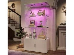 Vitrina de cristal con 3 estantes, armarios e iluminación LED - Diseño moderno, Blanco