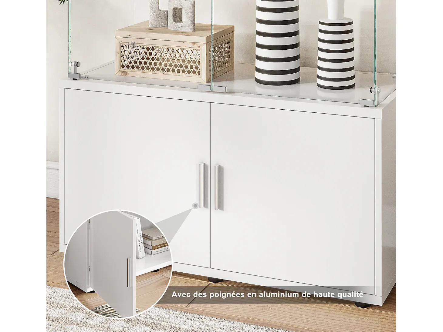 Vitrina de cristal con 3 estantes, armarios e iluminación LED - Diseño moderno, Blanco