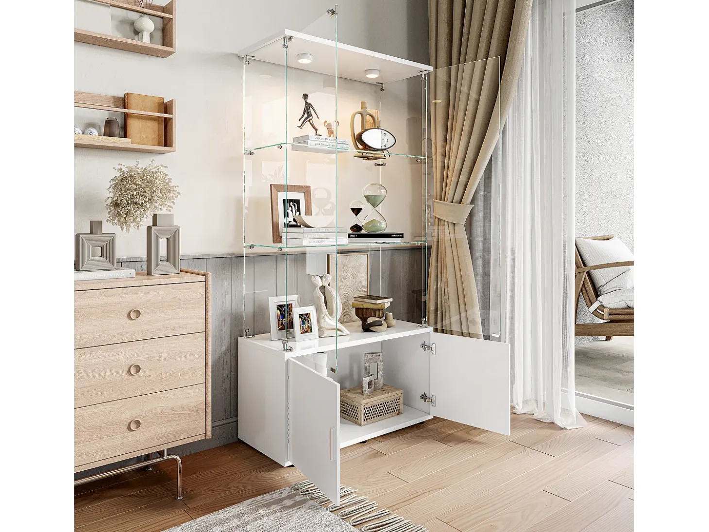 Vitrina de cristal con 3 estantes, armarios e iluminación LED - Diseño moderno, Blanco