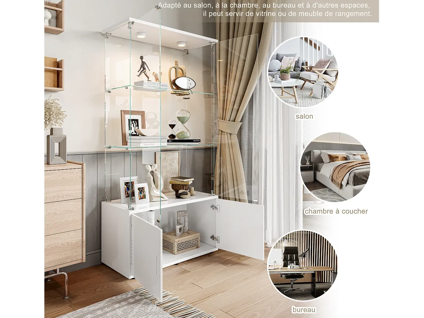Vitrina de cristal con 3 estantes, armarios e iluminación LED - Diseño moderno, Blanco