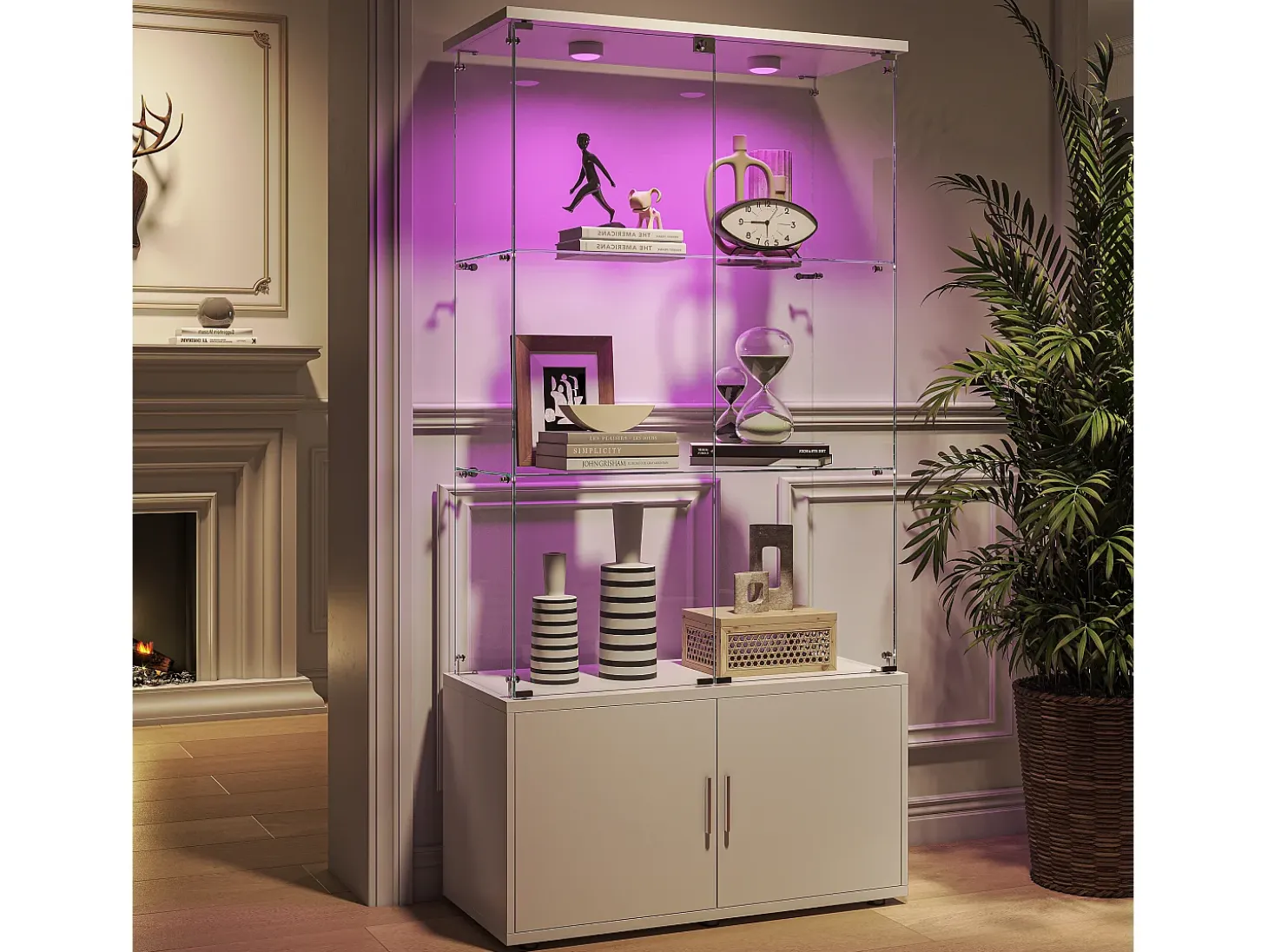 Vitrina de cristal con 3 estantes, armarios e iluminación LED - Diseño moderno, Blanco